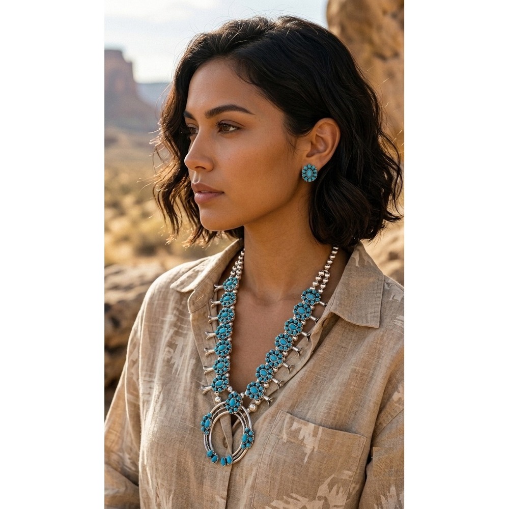 Navajo Turquoise Squash Blossom Necklace Set Cluster Naja Pendant Jewelry**